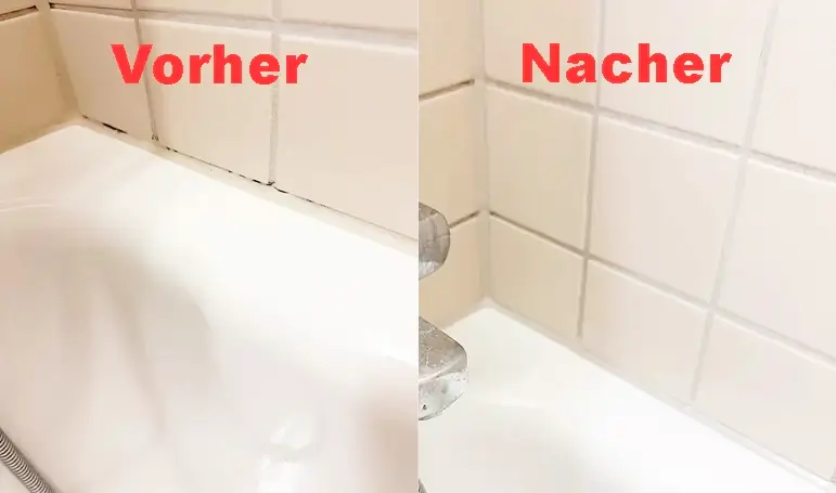 Das Bild zeigt eine Hand mit einem schwarzen Einweghandschuh, die mit einem gelben Reinigungsschwamm eine verschmutzte Silikonfuge zwischen weißen Fliesen reinigt. Die Fuge war mit Schmutz, Seifenresten und Ablagerungen bedeckt, doch nach der Reinigung erscheint sie sauber und hygienisch. Diese Technik entfernt Schimmel, Bakterien und Verfärbungen, sodass die Silikonfuge länger hält und nicht beschädigt wird.